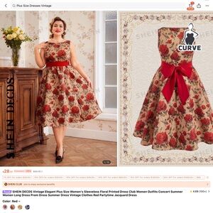 0XL SHEIN Vintage Style Gold with Roses Swing Style Boat Neck Dress